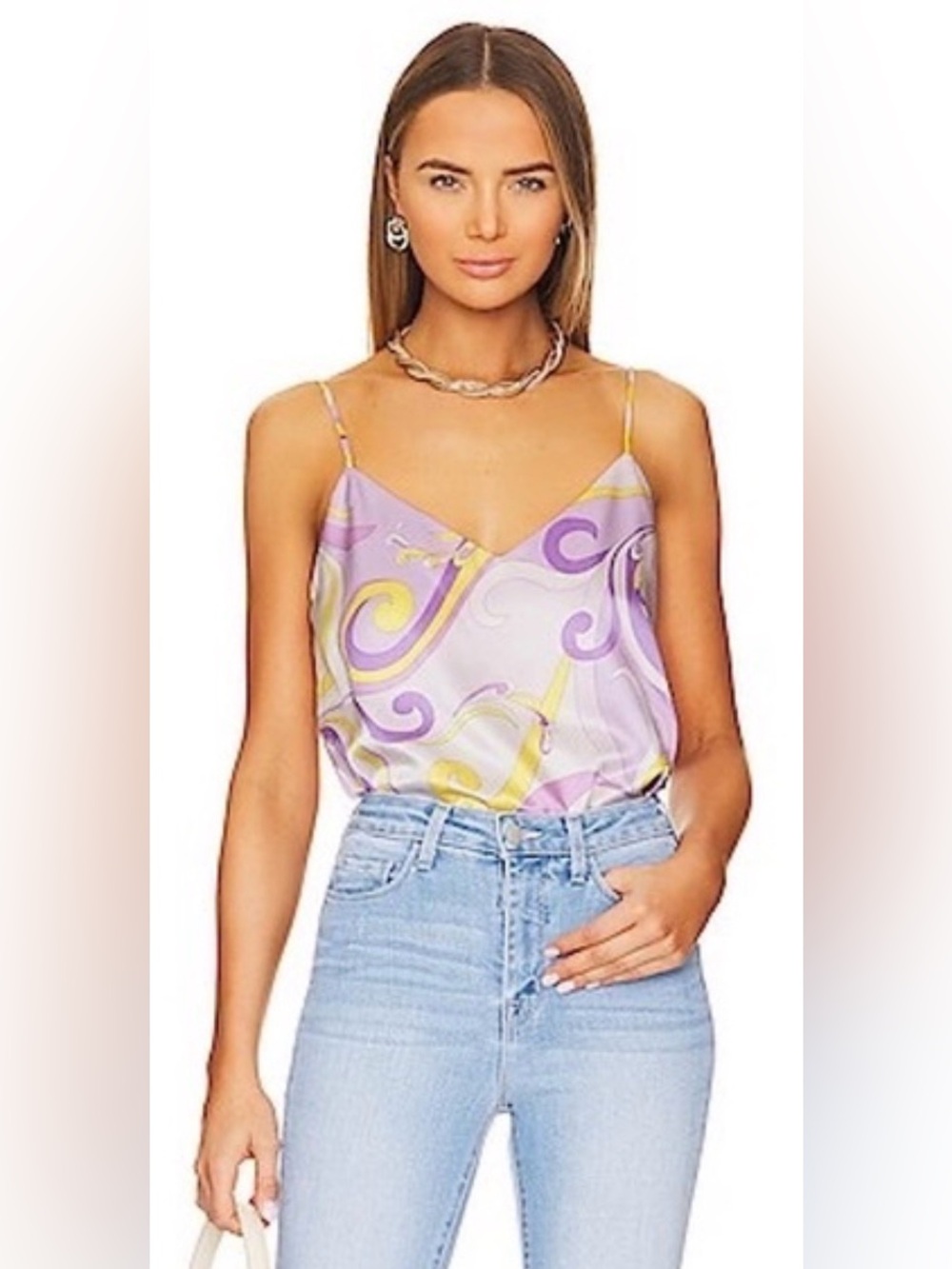 L’AGENCE Silk Jane Spaghetti Strap Top Light Orchid XXS 70s Retro Psychedelic